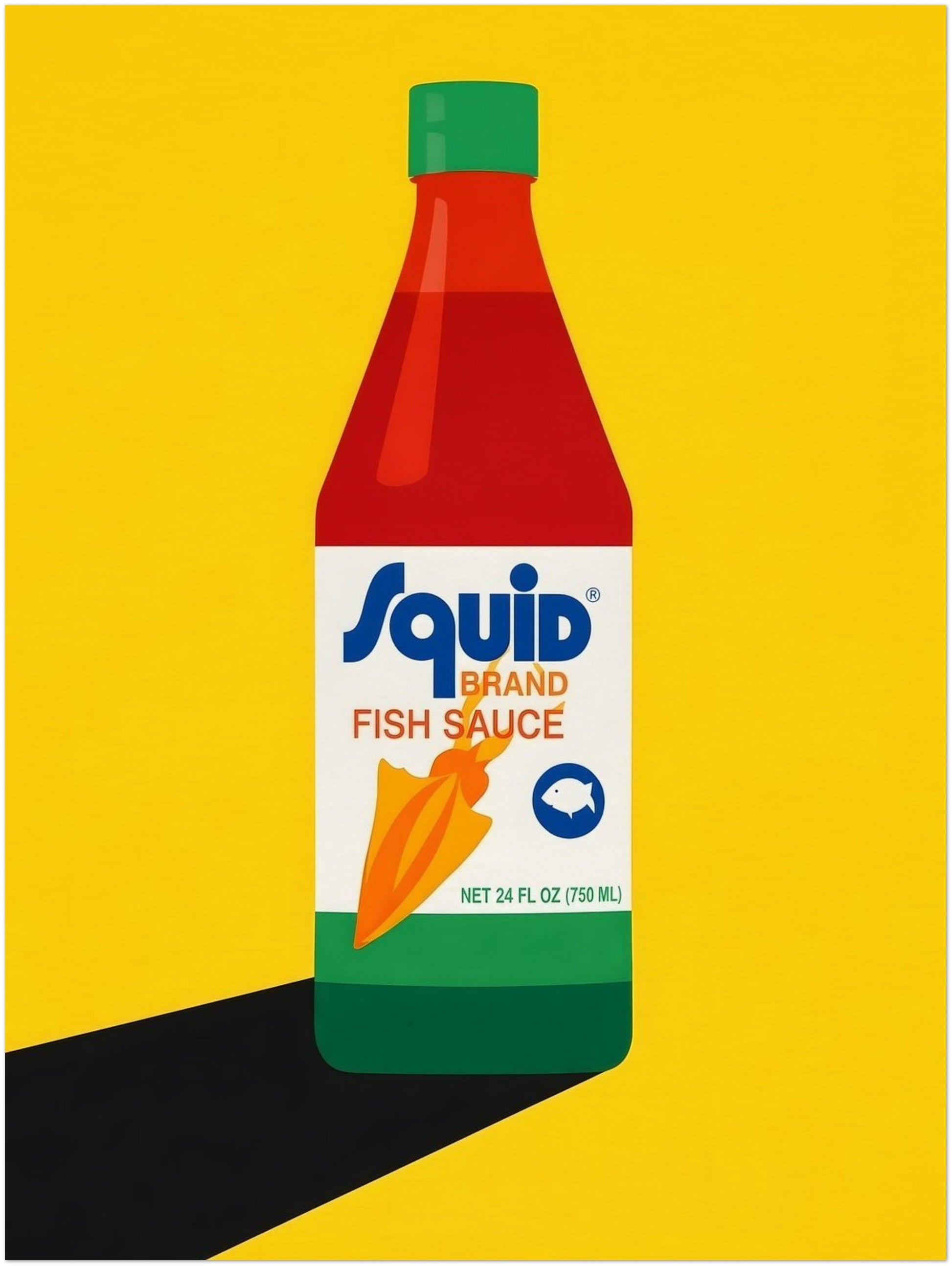 12x16 inch unframed Thai fish sauce poster with a centred Squid Fish Sauce bottle illustration on a vivid yellow background. The artwork uses a bold pop art style with strong red, green and black accents, simple shapes and a clean modern finish. Ideal as kitchen wall decor, Thai food art, pantry print or quirky dining room poster for anyone who likes graphic food-inspired artwork.