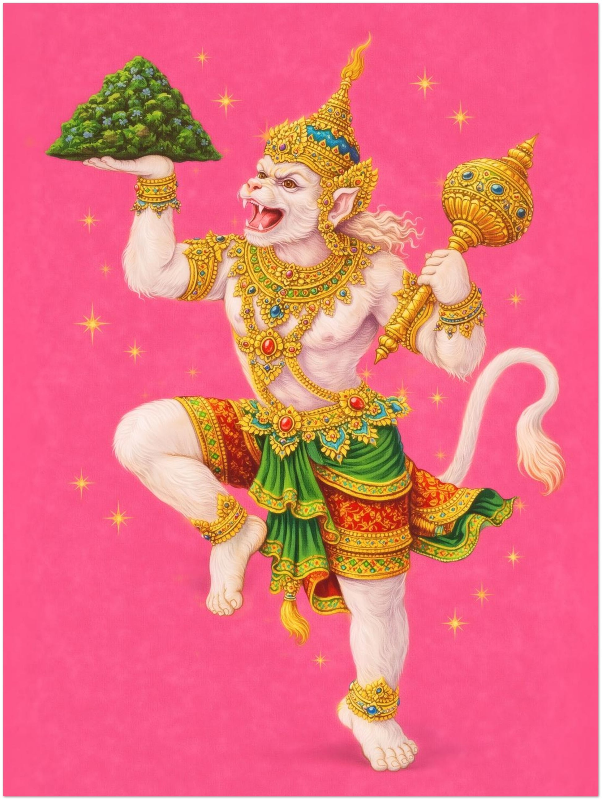 12x16 inch unframed Thai Hanuman Ramakien art print featuring the Hindu monkey god dancing on a vibrant pink backdrop. The illustration showcases ornate gold detailing and green costume elements rooted in Thai mythology. A spiritual folklore poster suitable for smaller wall spaces while maintaining bold colour presence.