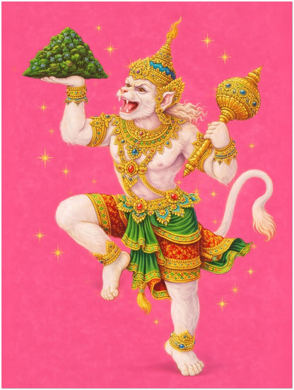 12x16 inch unframed Thai Hanuman Ramakien art print featuring the Hindu monkey god dancing on a vibrant pink backdrop. The illustration showcases ornate gold detailing and green costume elements rooted in Thai mythology. A spiritual folklore poster suitable for smaller wall spaces while maintaining bold colour presence.