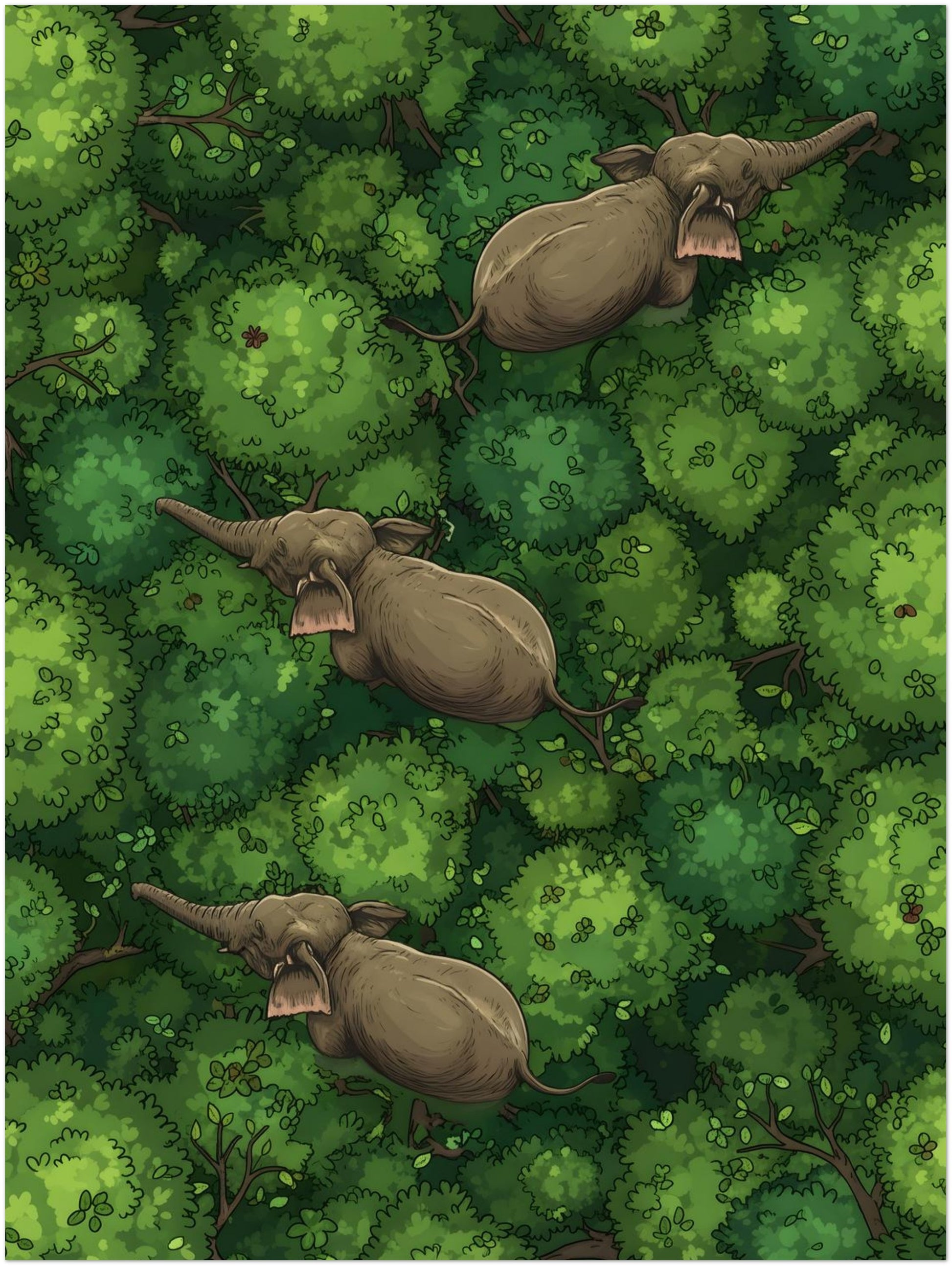 12x16 inch unframed tropical elephant forest wall art showing three elephants crossing a lush green jungle from an overhead perspective. Thick leafy canopy fills the image edge to edge, with the elephants placed in a calm diagonal line that adds movement and balance. A detailed animal art print for jungle wall art, forest illustration and nature-themed home decor.