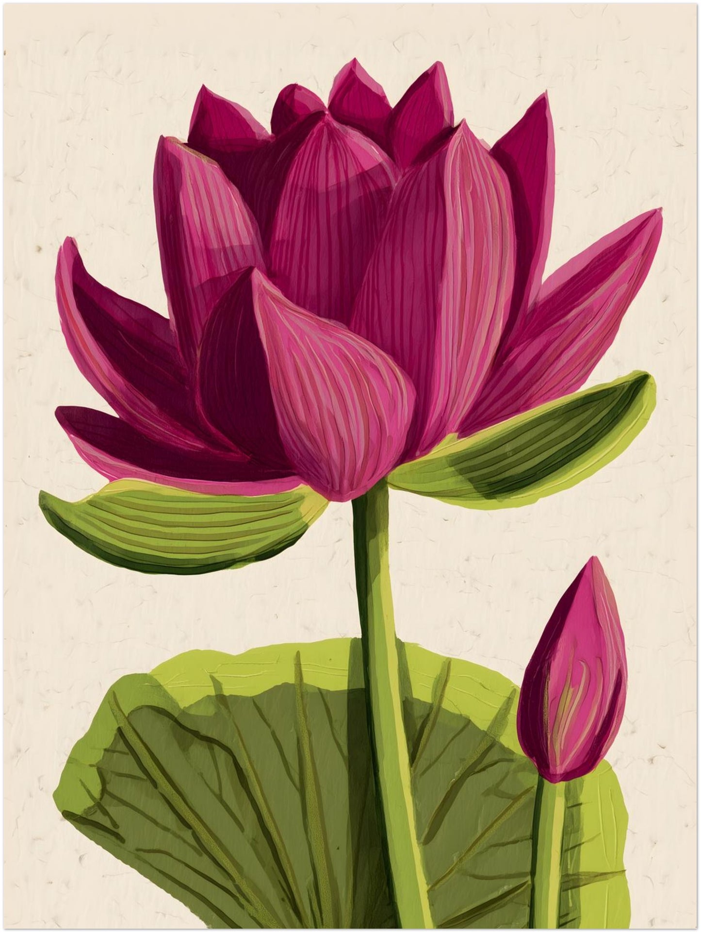 12x16 inch unframed pink lotus botanical poster featuring layered petals, green stem, wide leaf and side bud on a light beige background. East Asian inspired lotus wall art suited for minimalist decor, meditation areas and yoga studios.