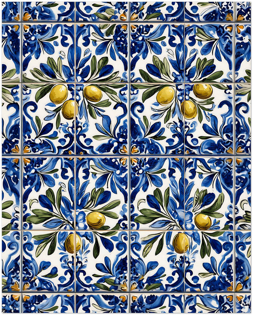 Portuguese Blue Floral Tile Art Print with Olives