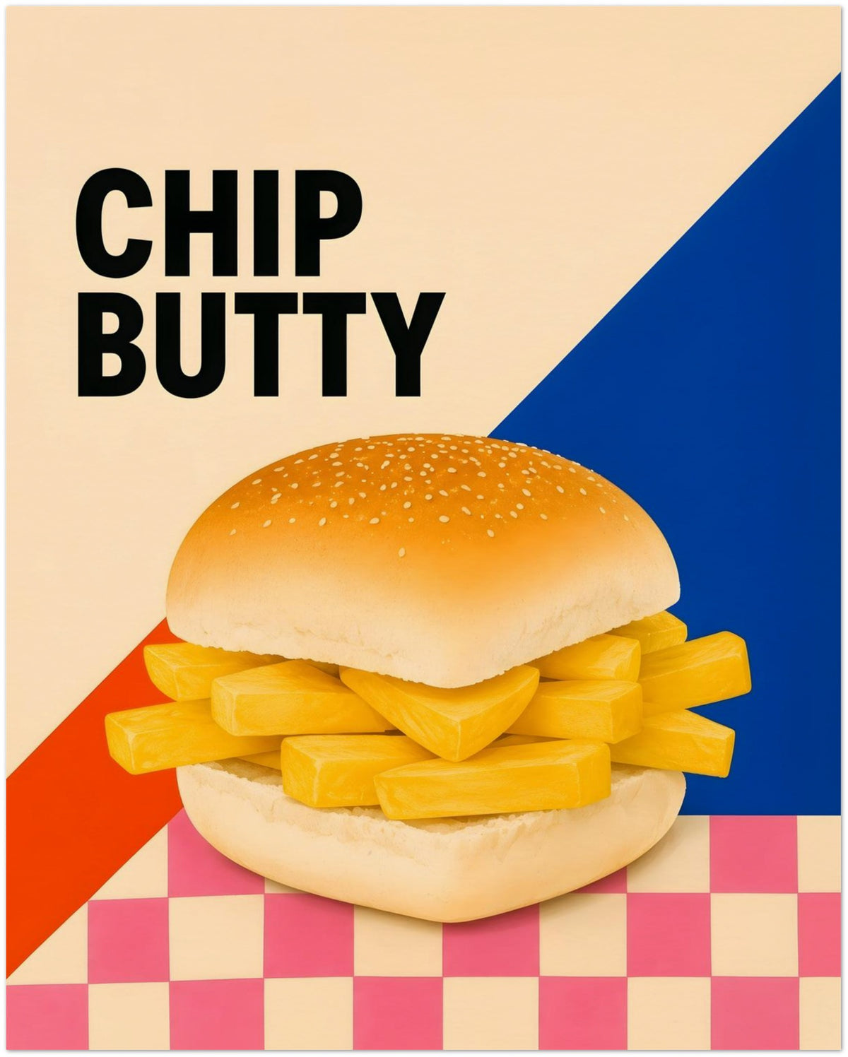 Chip Butty Print British Food Pop Art Poster Classic Uk Comfort Food Wall Art Northern Food Print Colourful Kitchen Artwork Foodie Gif displayed on Archival Paper (250 GSM) 40x50 cm / 16x20″