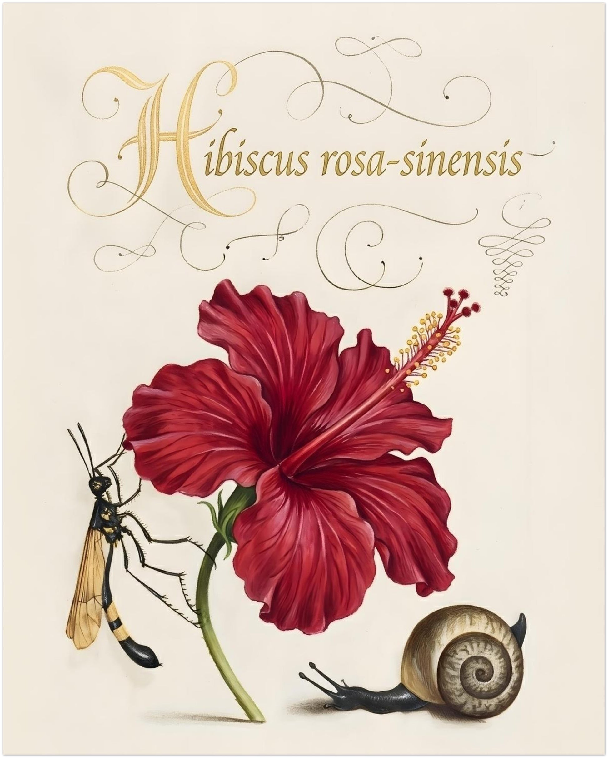 16x20 inch unframed hibiscus botanical illustration featuring a red hibiscus flower in a traditional plant study layout. The artwork shows labelled Hibiscus rosa-sinensis text, soft shading and natural petal detail, with a wasp and snail included. Botanical flower print inspired by vintage scientific illustration on a neutral cream background.
