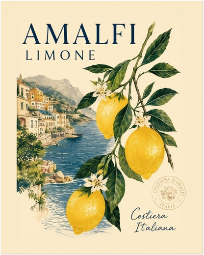 16x20 inch unframed Amalfi lemon poster showing bold yellow citrus fruit over an Italian coast scene with sea, cliffs and village buildings. A Mediterranean wall art print with a vintage travel feel, ideal for kitchens, dining rooms and summer inspired decor.