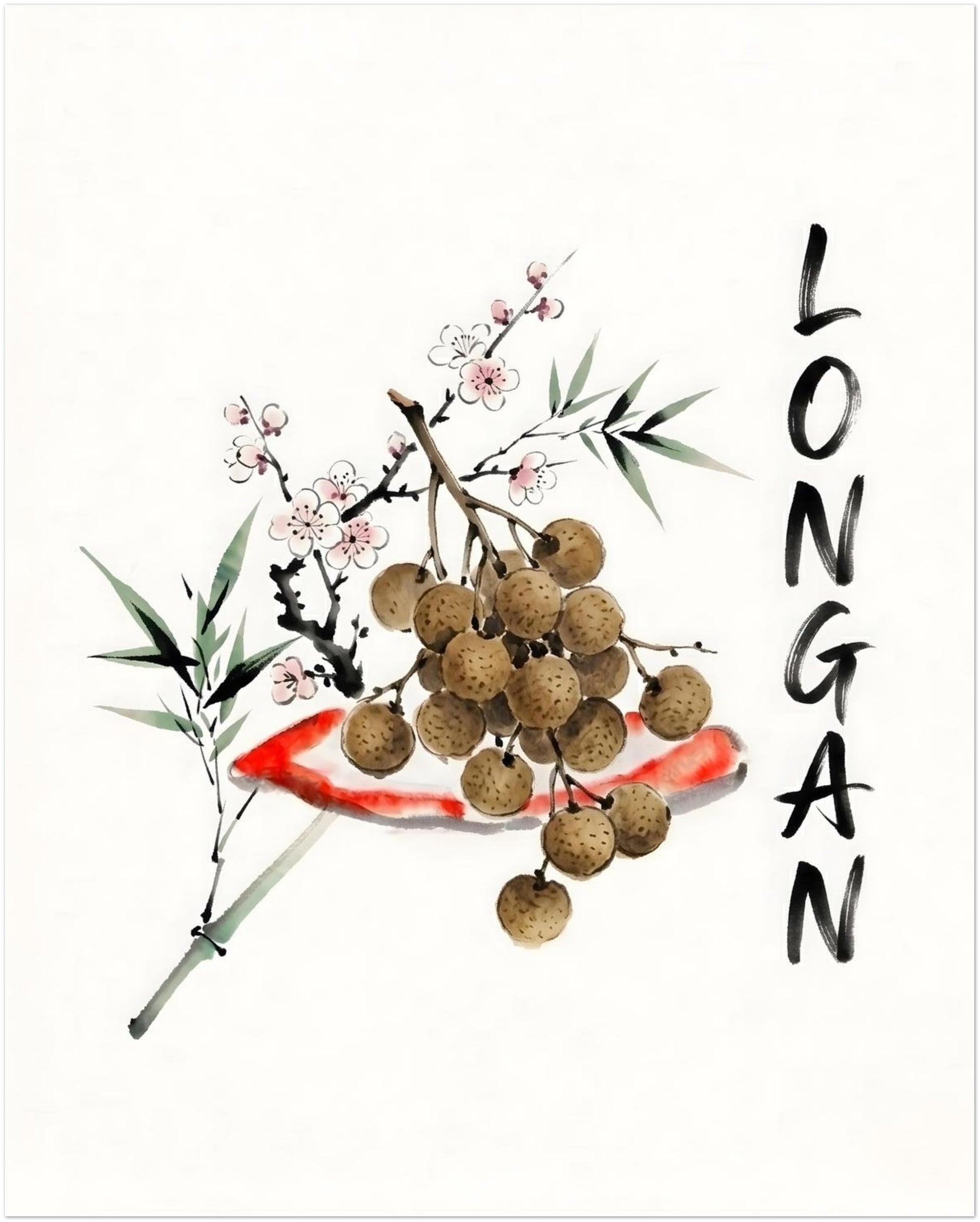 16x20 inch Thailand inspired longan watercolour wall art with brown fruit clusters, soft bamboo leaves, small blossom strokes and hand-painted black text. A clean minimalist Asian fruit poster for kitchens, dining rooms, cafés, restaurants or Southeast Asia travel inspired interiors.