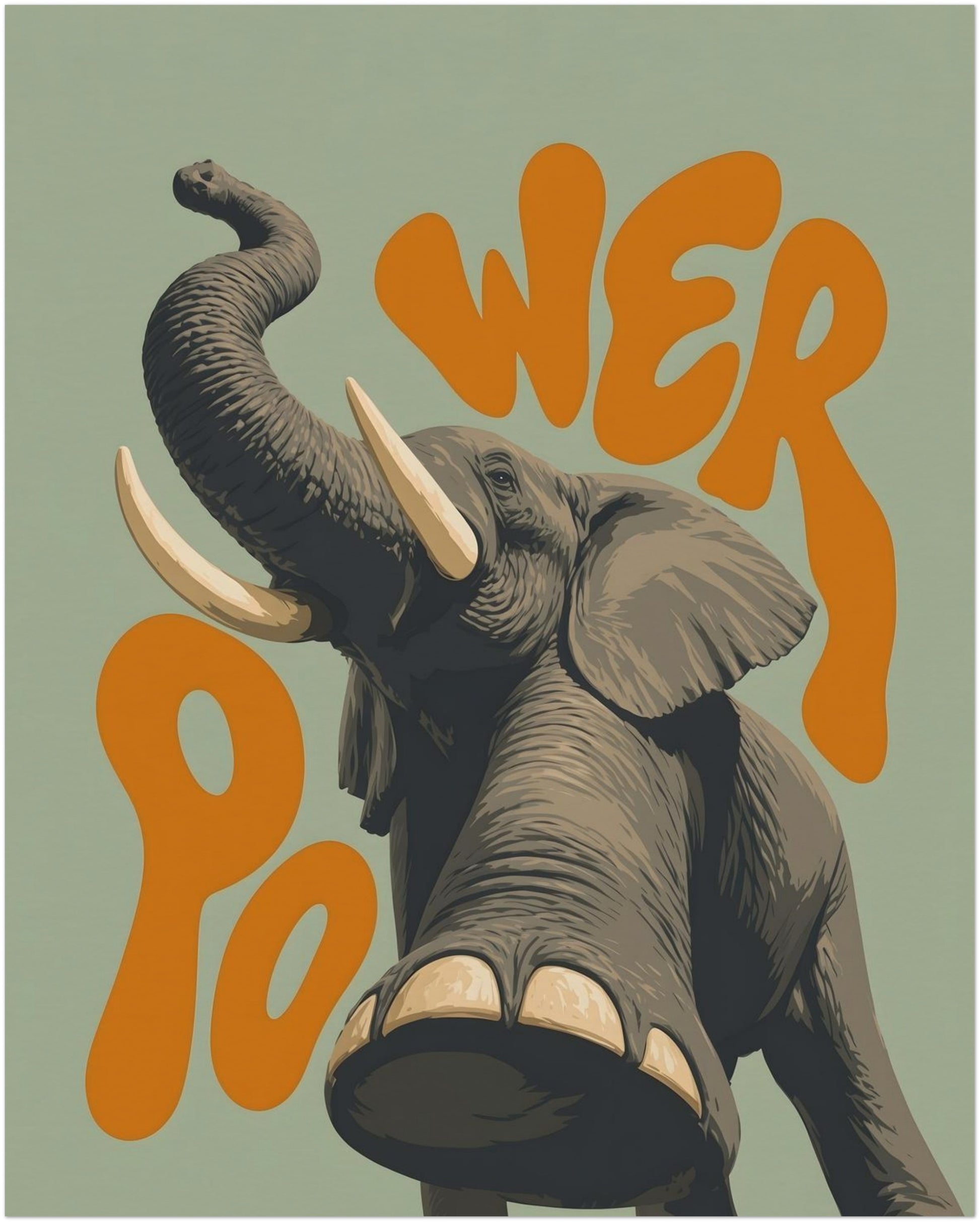 16x20 unframed safari elephant print showing a grey elephant with raised trunk, strong tusks and detailed shadows, finished with bold orange retro lettering on a soft green background. A striking animal wall art piece for living rooms, kids’ rooms, offices, hallways or wildlife decor.