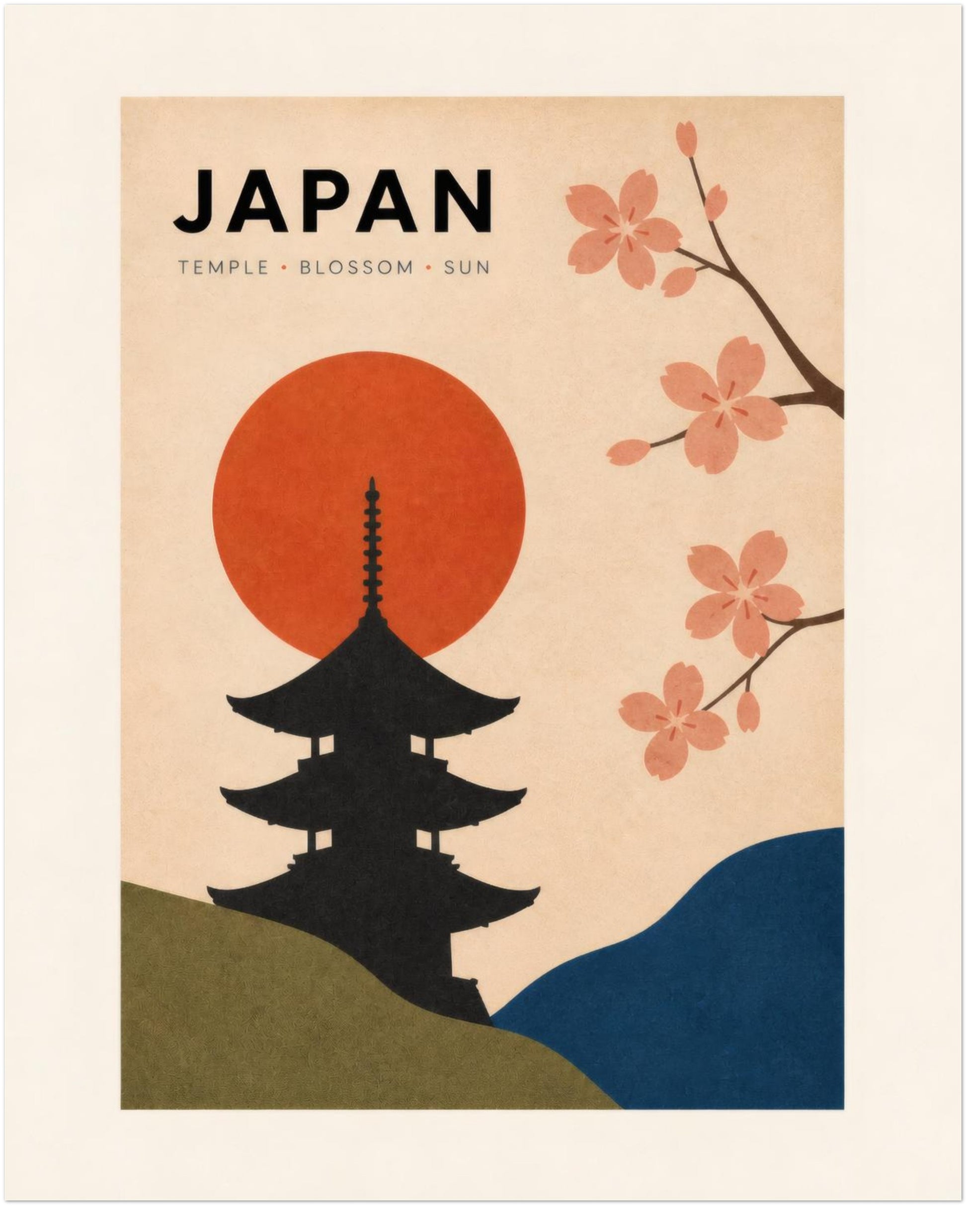 Unframed 16 x 20 inch vintage Japanese wall art featuring a black pagoda temple, large red sun and pink cherry blossom branches. Olive green and deep blue hills curve across the lower edge on a warm cream background. A bold Japan travel poster for living rooms, bedrooms, hallways, home offices and gallery walls.