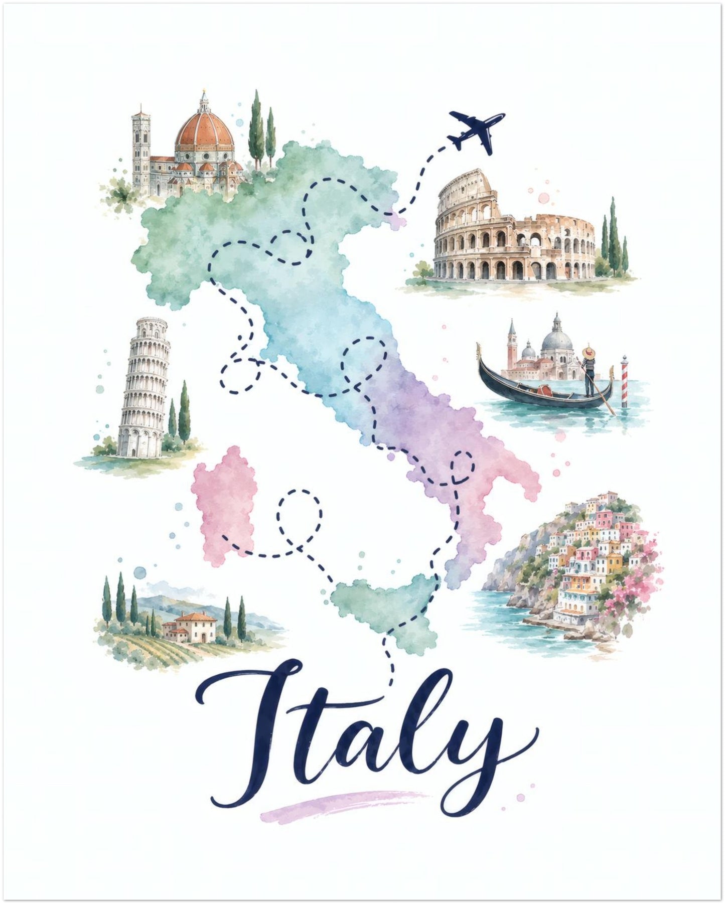 Unframed 16 x 20 inch Italy map wall art with a colourful pastel watercolour finish. The portrait design features Italy in green, blue, pink and purple, surrounded by small illustrations of Italian landmarks, historic architecture and coastal scenery. Dotted travel lines, an aeroplane and navy Italy lettering complete the print.