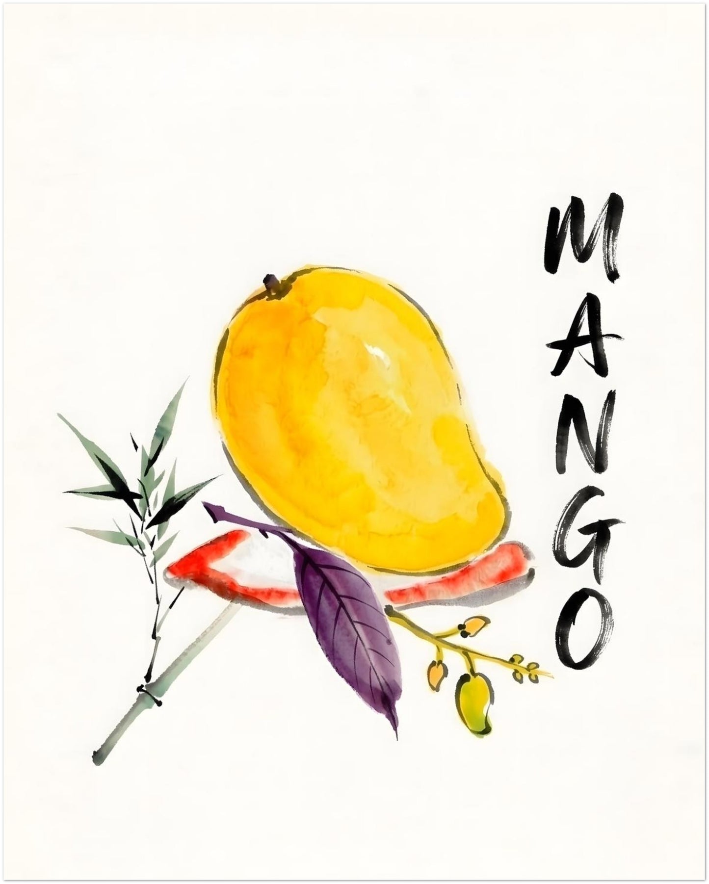 16x20 unframed mango poster shown as a clean product image on a plain background. The artwork includes a bright yellow mango in loose watercolour, with green foliage, a purple leaf, a small fruit branch and bold vertical MANGO text along the right side. The simple botanical layout and tropical subject make it easy to use as kitchen wall art, mango print decor, fruit wall art or a modern watercolour print in bright spaces.