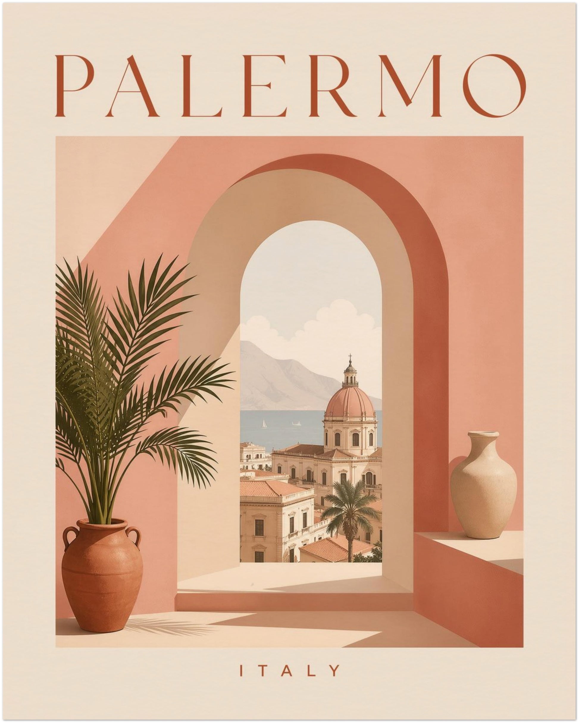 Unframed 16 x 20 inch Palermo Sicily travel print in a warm pastel colour scheme. The design combines PALERMO lettering, layered peach and terracotta arches, a leafy potted palm and a sunlit view of historic Italian buildings, with ITALY printed beneath. A balanced Mediterranean poster for living rooms, bedrooms and gallery walls.