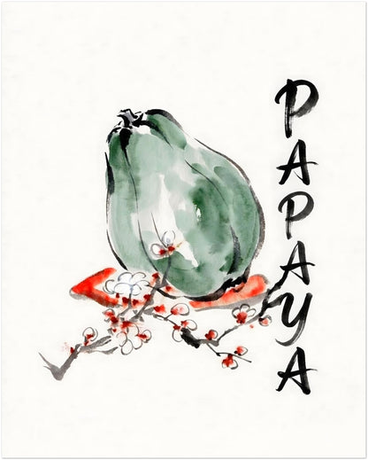 16x20 inch unframed papaya print displayed on a plain background as a product listing image. The composition shows a soft green papaya with loose brush painted detail, fine black lines, blossom branches with red and white accents, and vertical PAPAYA text. Large minimalist fruit wall art for kitchen wall decor, dining room styling, tropical botanical themes and modern interiors with a clean open look.