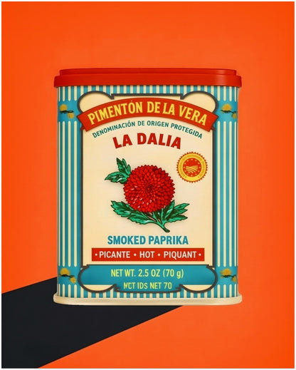 16x20 unframed art print showing the Spanish Smoked Paprika Tin design in a bright, graphic product image. The print features a strong orange background with a vintage-style spice tin illustration, including a red lid, blue stripes, cream label, red flower and Spanish text. Suitable for retro food artwork, large kitchen wall art, Spanish decor print and colourful dining room wall art searches.