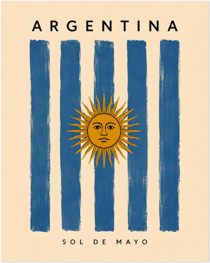16 x 20 inch unframed Argentina wall poster combining hand-painted blue and cream flag stripes with the golden Sun of May. Argentina appears in widely spaced lettering above the design, with Sol de Mayo positioned underneath. The simple vertical composition, aged paper colouring and printed texture create bold Argentine cultural wall art.