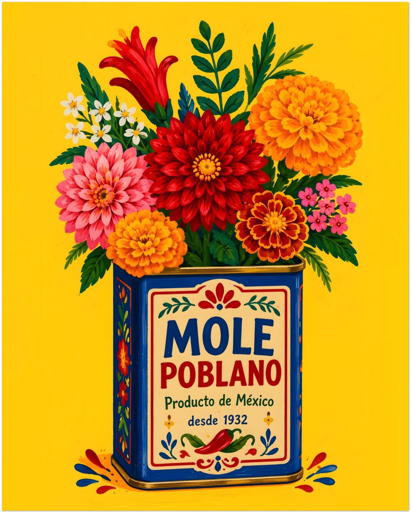 Unframed 16 x 20 inch Mexico poster with a vintage-style mole poblano tin overflowing with red, pink, orange and white flowers. Set against a rich yellow background, the blue packaging, chilli graphics and hand-painted botanical details create bold Mexican food wall art for kitchens, dining spaces and colourful home interiors.