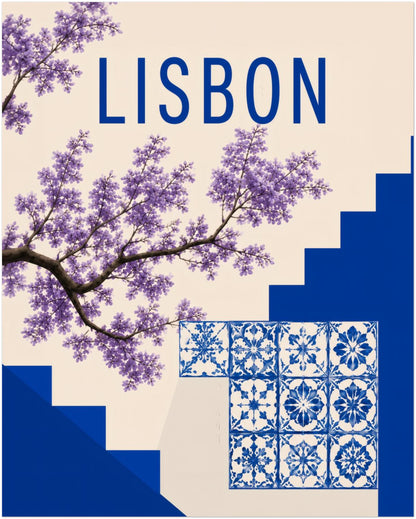 16x20 inch unframed Lisbon wall art showing Portuguese tile patterns, purple jacaranda flowers, blue city steps and clean Lisbon lettering on a soft cream background. A strong medium size Portugal poster for living rooms, bedrooms, hallways, offices or modern blue and white wall decor.