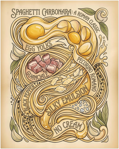 16x20 inch unframed carbonara print with a detailed illustrated layout based on the famous Roman pasta recipe. The artwork includes spaghetti strands looping through egg yolks, guanciale cubes, herbs, garlic and cheese on a soft neutral background with vintage-style lettering. A strong standard wall art size for kitchen wall decor, pasta lover gifts, dining areas or Italian-inspired interiors needing food-themed art.