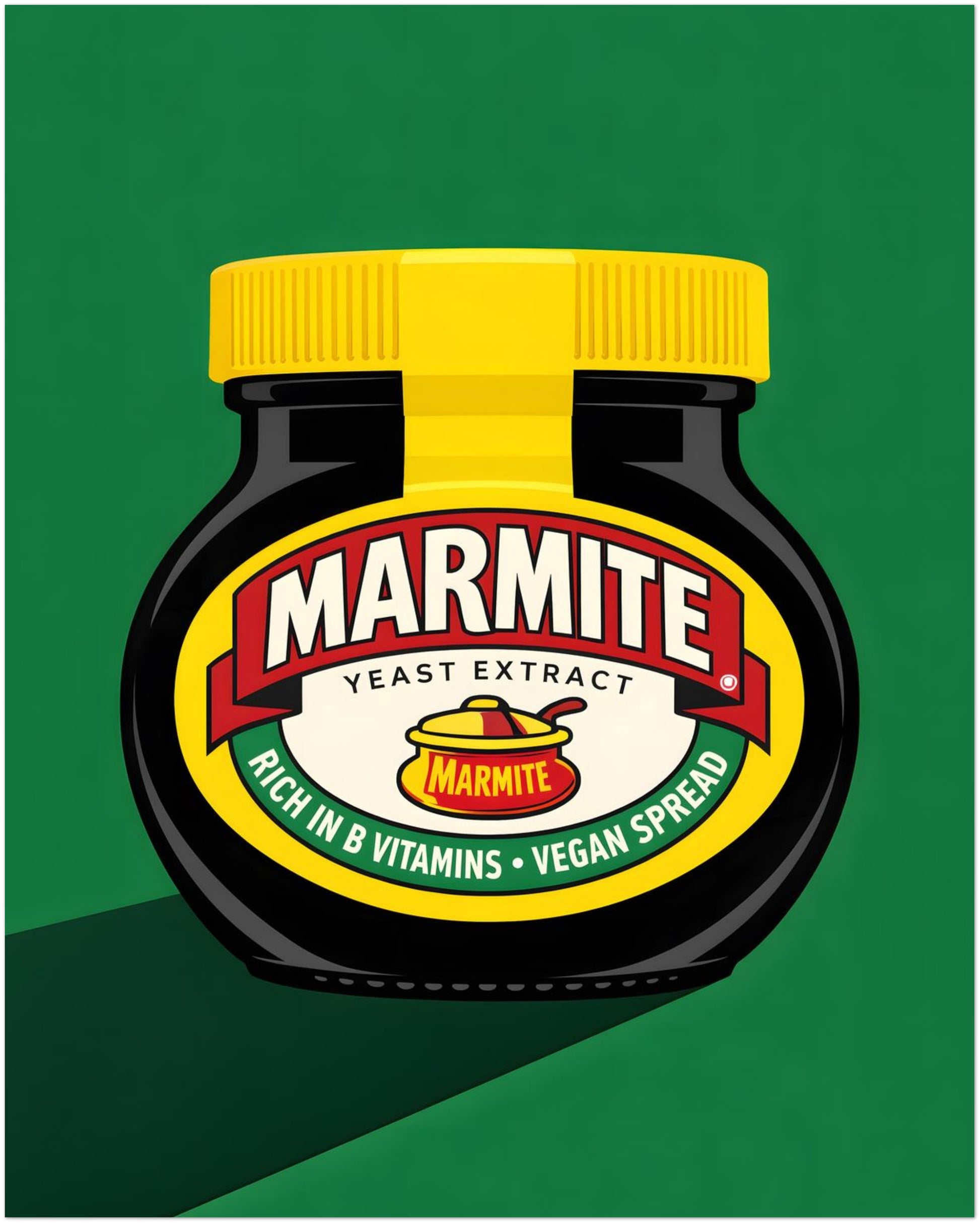 16x20 inch unframed Marmite pop art kitchen wall print showing the full jar design in a larger format with bold black, yellow, red and green colours. The bigger size gives the label and graphic shape more impact, making it a clear focal point on the wall. A playful piece of British kitchen decor for dining spaces, breakfast areas, home bars or modern interiors with simple styling.