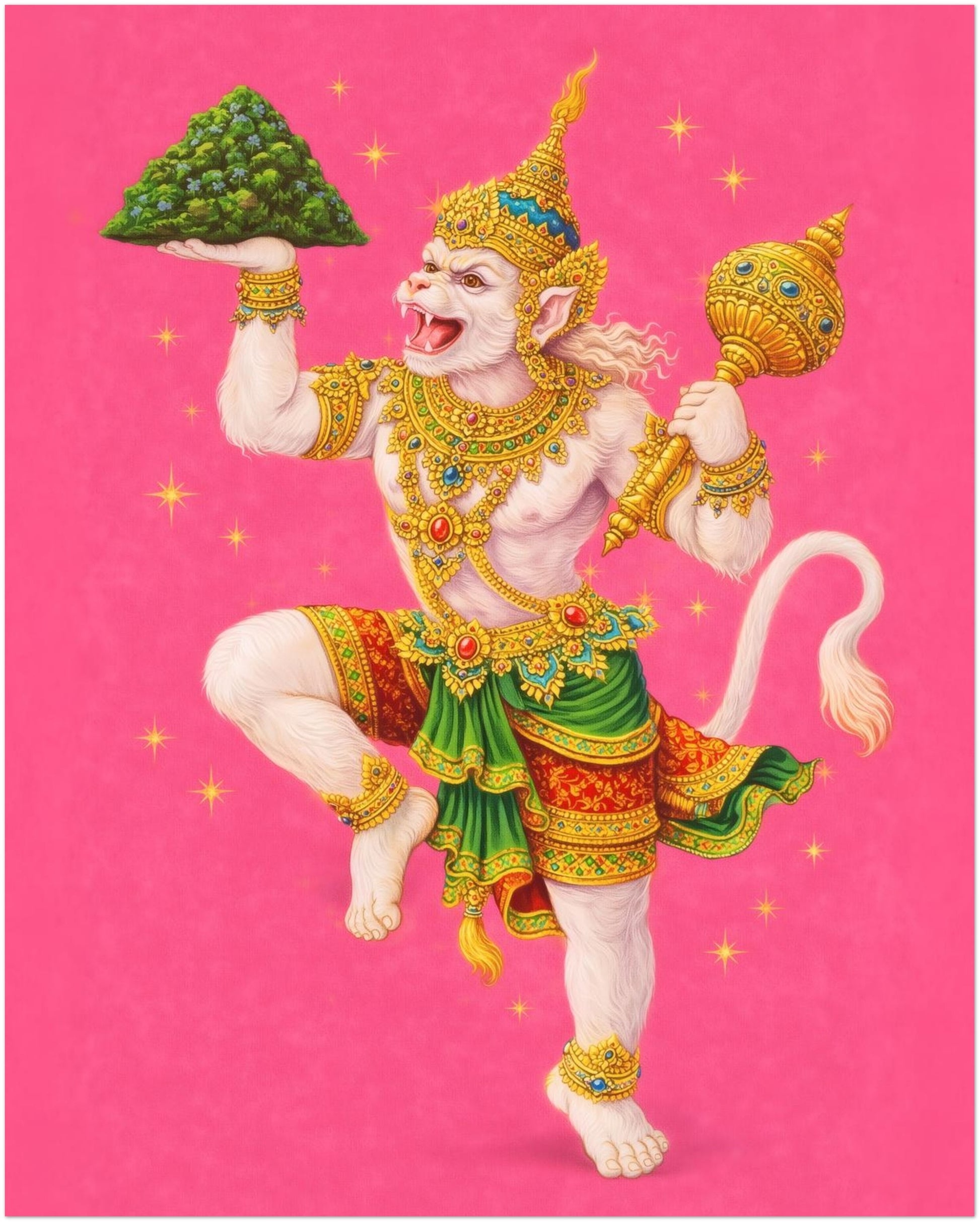 16x20 inch unframed Thai Hanuman Ramakien art print depicting the Hindu monkey god in elaborate Thai costume with detailed gold accents. Set against a vivid pink background, the artwork combines cultural mythology with contemporary colour impact. A spiritual wall decor poster inspired by the Ramakien epic and Hindu folklore.