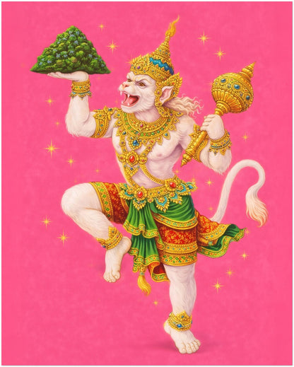 16x20 inch unframed Thai Hanuman Ramakien art print depicting the Hindu monkey god in elaborate Thai costume with detailed gold accents. Set against a vivid pink background, the artwork combines cultural mythology with contemporary colour impact. A spiritual wall decor poster inspired by the Ramakien epic and Hindu folklore.