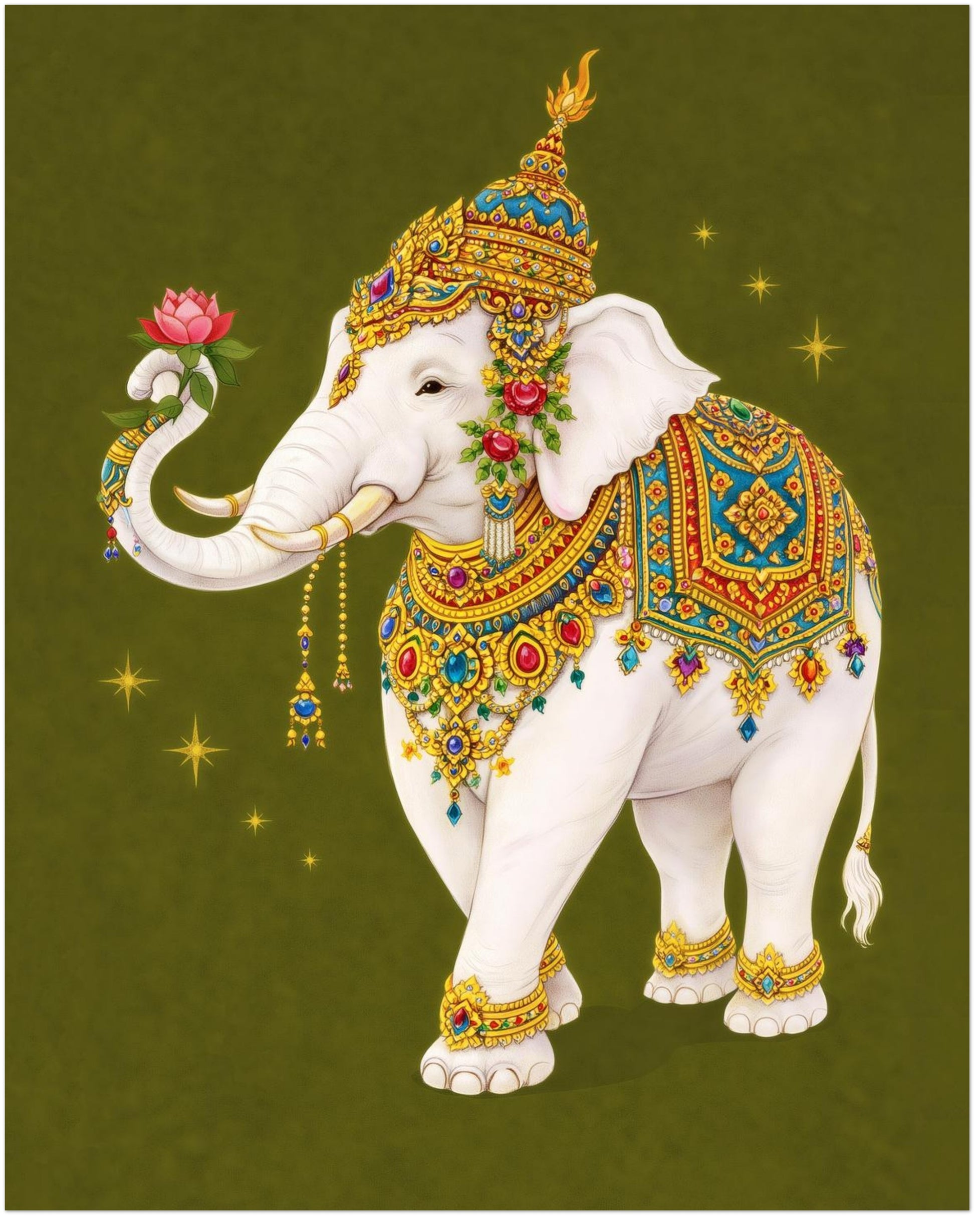 16x20 inch unframed Thai royal white elephant art print displaying a sacred white elephant adorned with elaborate gold ceremonial headpiece and jewel-toned patterned cloth. The elephant holds a pink lotus flower in its trunk. Olive green background with subtle golden star motifs enhances the refined vertical composition and Thai royal decorative theme.