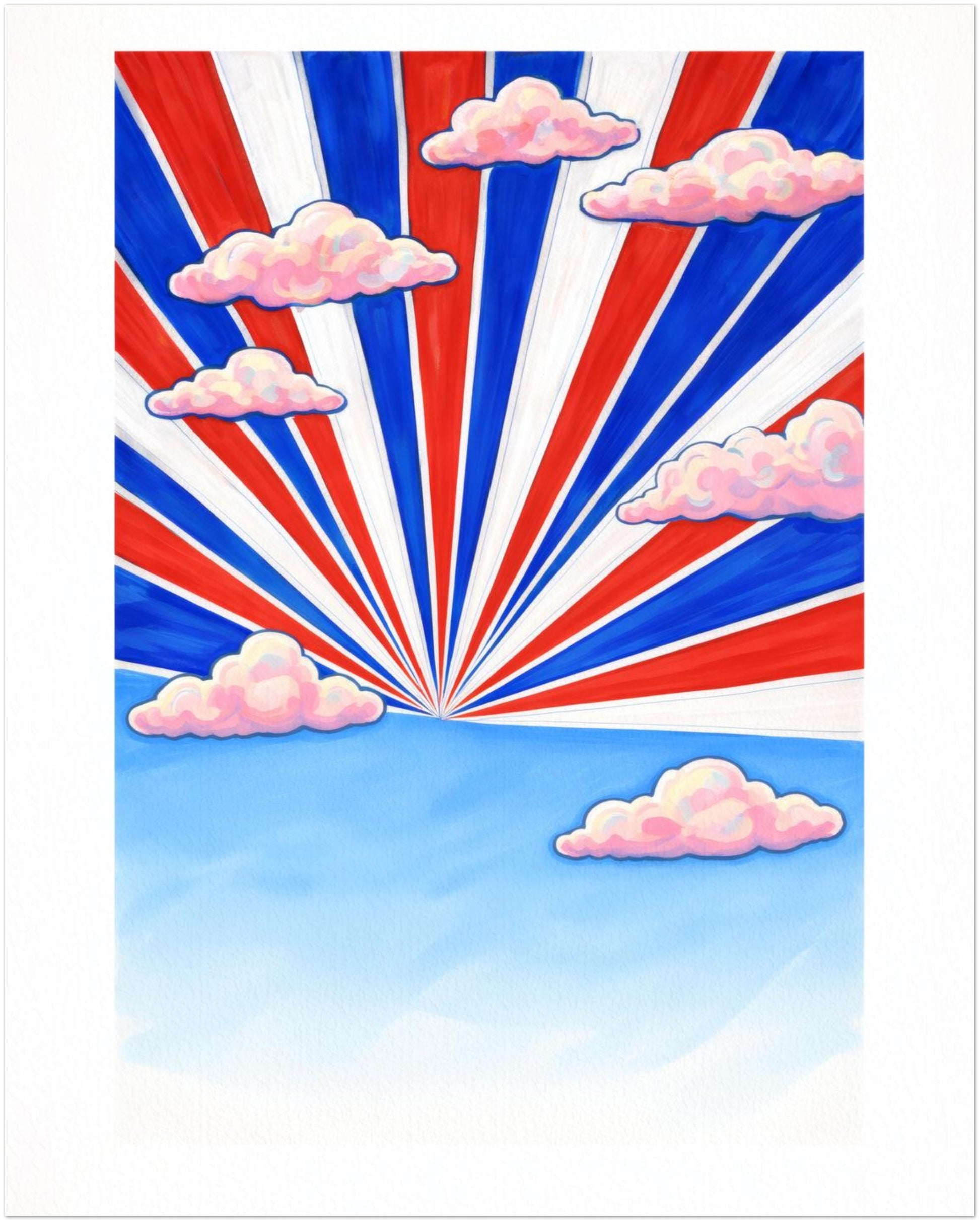 16x20 inch unframed Thai Sky Sunburst art print with dynamic red, white and blue rays inspired by the Thailand flag radiating from a central horizon point. Soft pink clouds float across a clear blue sky. Large Thailand travel wall art suited for bold living room or office decor.