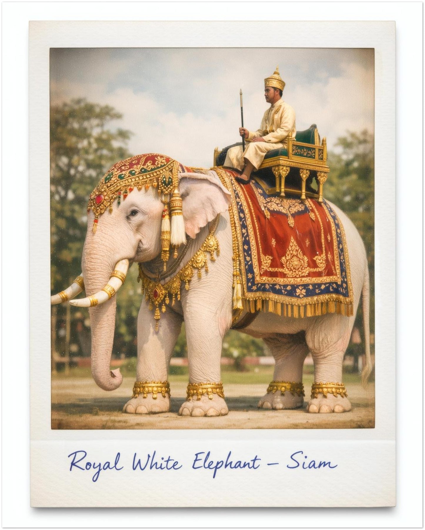 16x20 inch unframed Thailand elephant poster featuring a royal white elephant in red and gold cloth with detailed gold ornaments. A Thai royal figure in traditional dress sits above holding a staff. The vintage Polaroid styling and handwritten caption give it a historic Thai heritage art print feel.