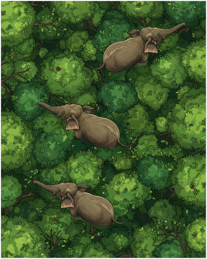 16x20 inch unframed elephant art print featuring an aerial jungle view with three elephants walking across dense green treetops. The vertical layout gives the canopy depth and repetition, while the earthy elephant tones stand out against the rich greens. A strong fit for elephant wall art, wildlife decor, jungle illustration and natural interior styling with a clean unframed finish.