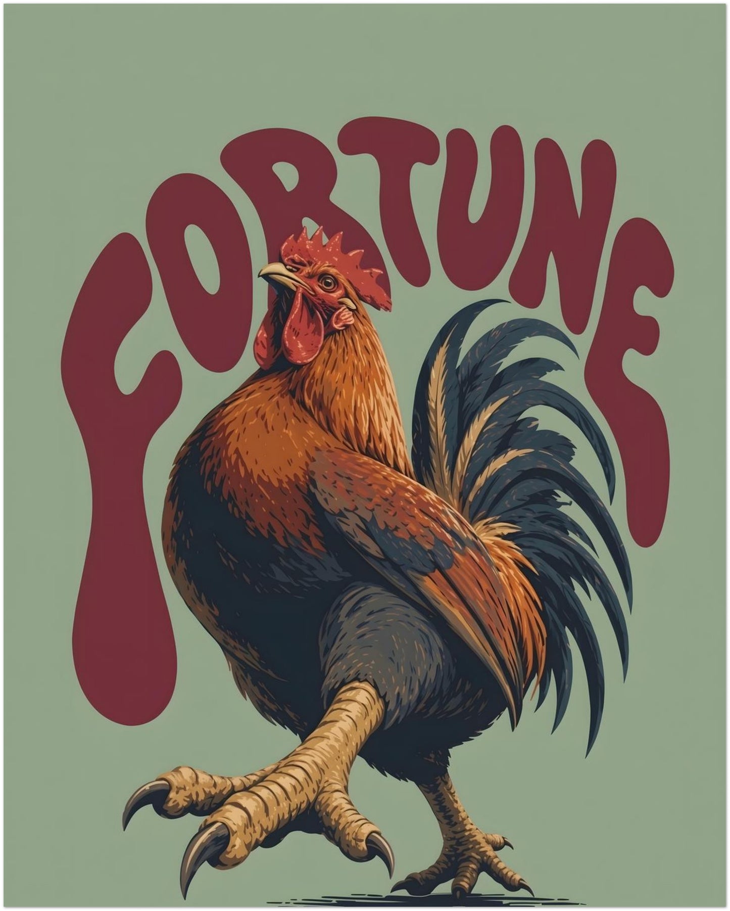 Green and Red Fortune Rooster Print