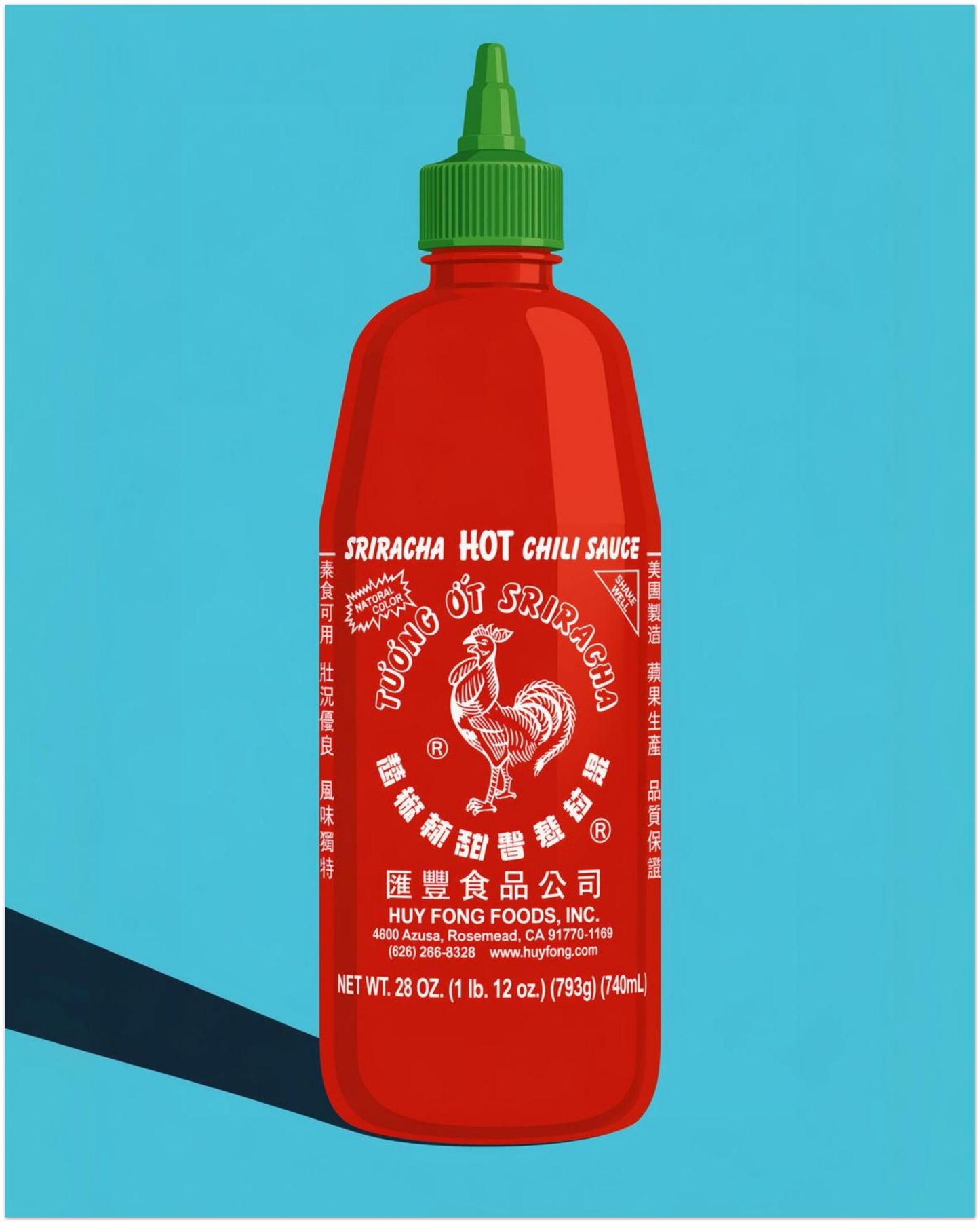 16x20 inch unframed chilli sauce print with a bold red sriracha bottle, green cap, white label artwork, rooster logo and bright blue background. A colourful kitchen wall art poster for hot sauce fans, food lovers, cafes, restaurants, dining rooms and modern pop art decor.