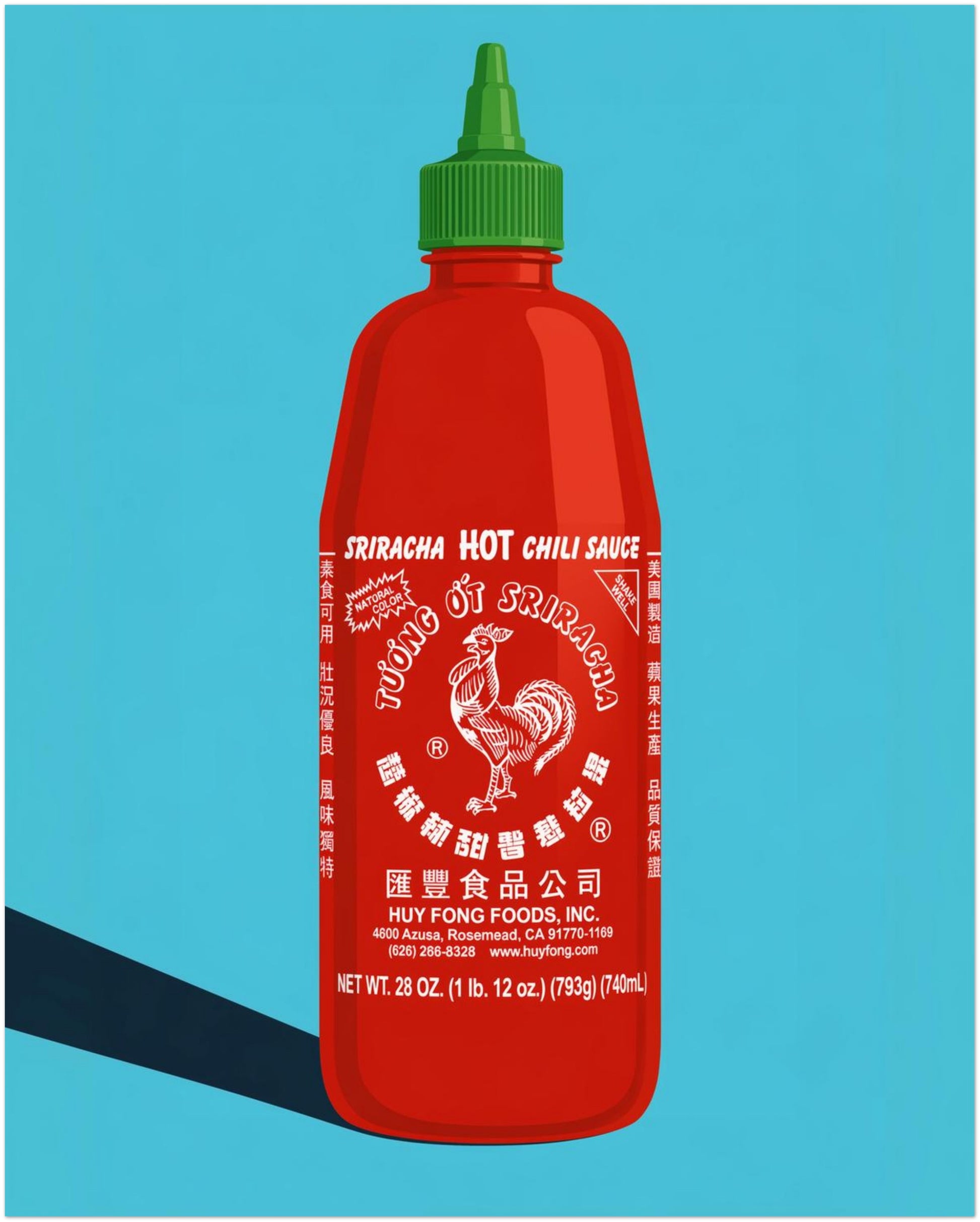 16x20 inch unframed chilli sauce print with a bold red sriracha bottle, green cap, white label artwork, rooster logo and bright blue background. A colourful kitchen wall art poster for hot sauce fans, food lovers, cafes, restaurants, dining rooms and modern pop art decor.