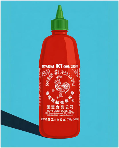 16x20 inch unframed chilli sauce print with a bold red sriracha bottle, green cap, white label artwork, rooster logo and bright blue background. A colourful kitchen wall art poster for hot sauce fans, food lovers, cafes, restaurants, dining rooms and modern pop art decor.