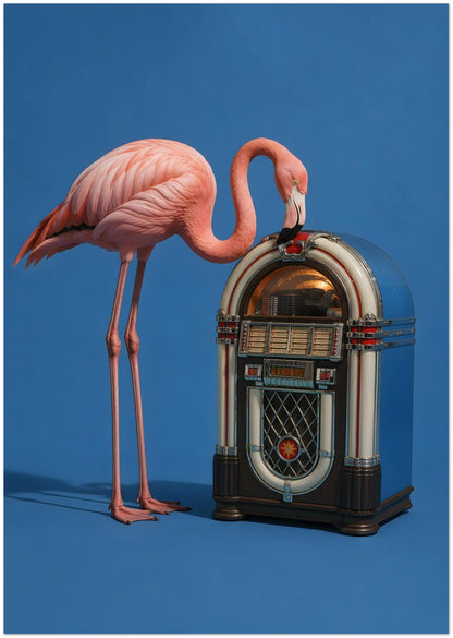 Pink Flamingo Jukebox Art Print displayed on Premium Paper (170 GSM) A2 (42 x 59.4  cm)