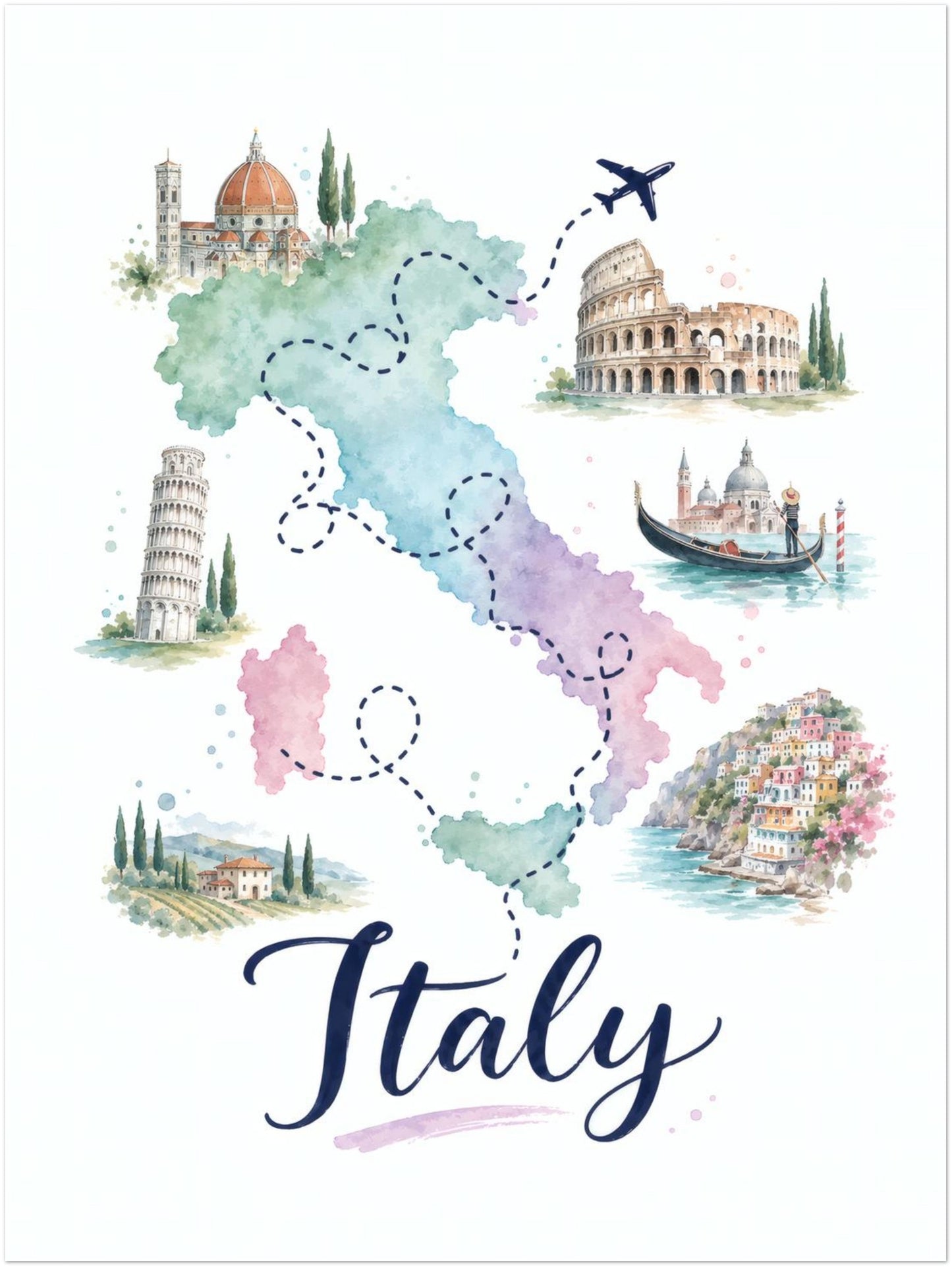 Unframed 18 x 24 inch Italy map poster designed in soft pastel watercolours. The illustrated map combines green, blue, pink and purple regions with dotted travel routes, a flying aeroplane and detailed Italian landmarks placed around the country. Large navy Italy lettering adds contrast to this colourful portrait travel print.