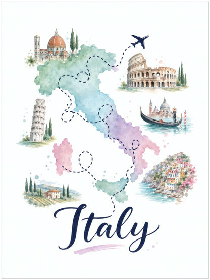 Unframed 18 x 24 inch Italy map poster designed in soft pastel watercolours. The illustrated map combines green, blue, pink and purple regions with dotted travel routes, a flying aeroplane and detailed Italian landmarks placed around the country. Large navy Italy lettering adds contrast to this colourful portrait travel print.