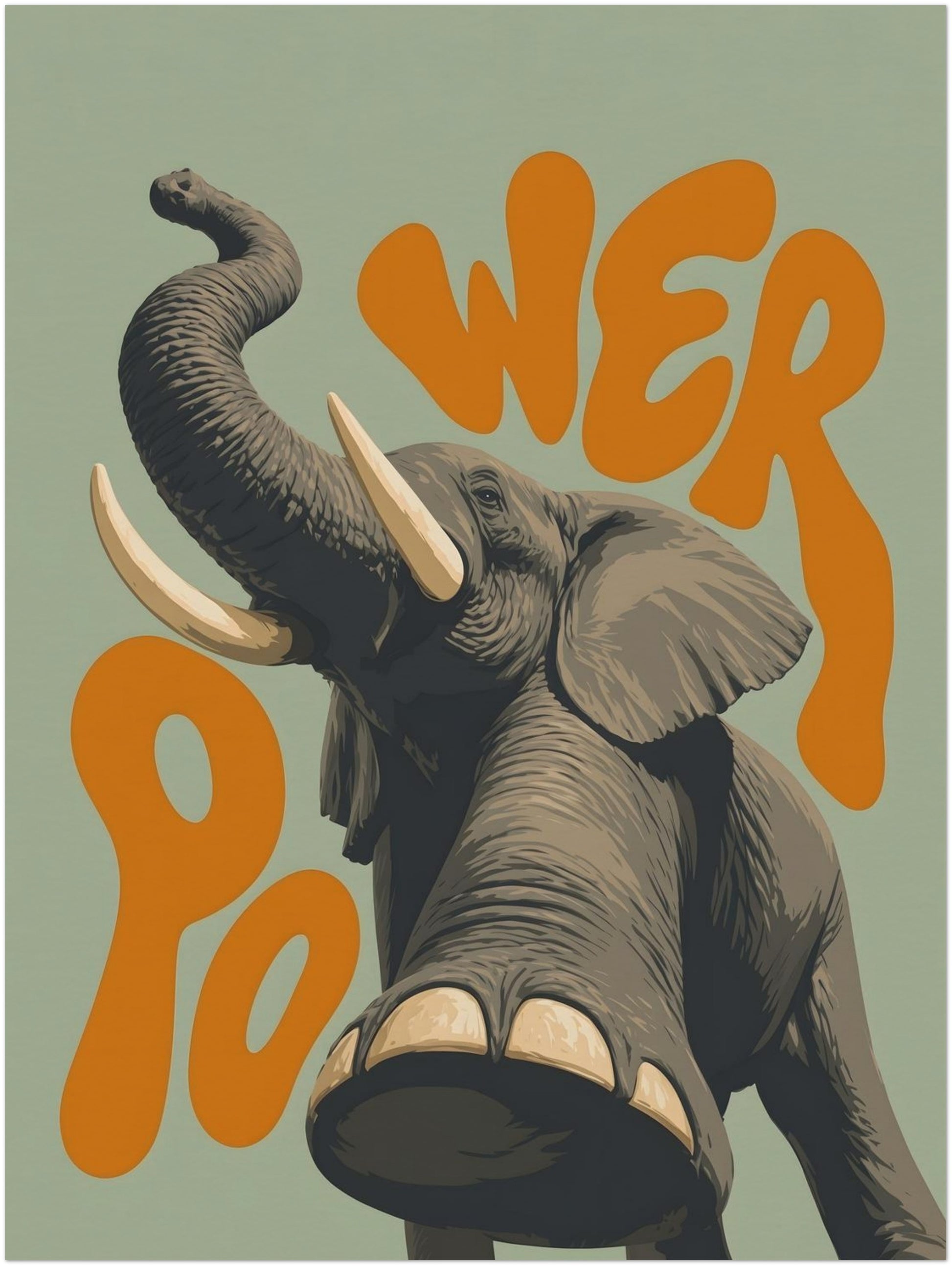 18x24 unframed African elephant poster with a bold grey elephant, raised trunk, large tusks and textured details set against a soft green background with orange retro lettering. A strong safari animal poster for statement wall art, bedroom decor, office walls or colourful home styling.