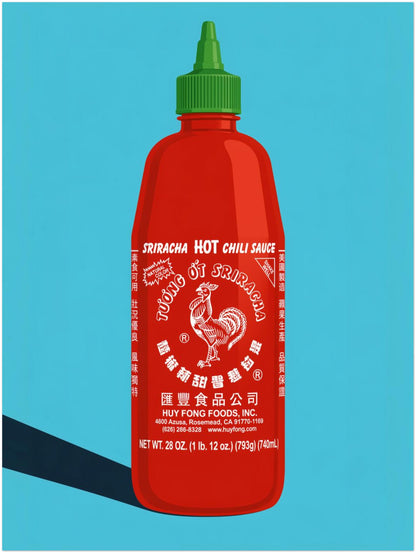 18x24 inch unframed sriracha food poster showing a large red hot sauce bottle with green cap, white rooster label and clean blue pop art background. A bold kitchen decor print for dining rooms, cafes, food shops, restaurant walls and anyone looking for colourful foodie wall art.