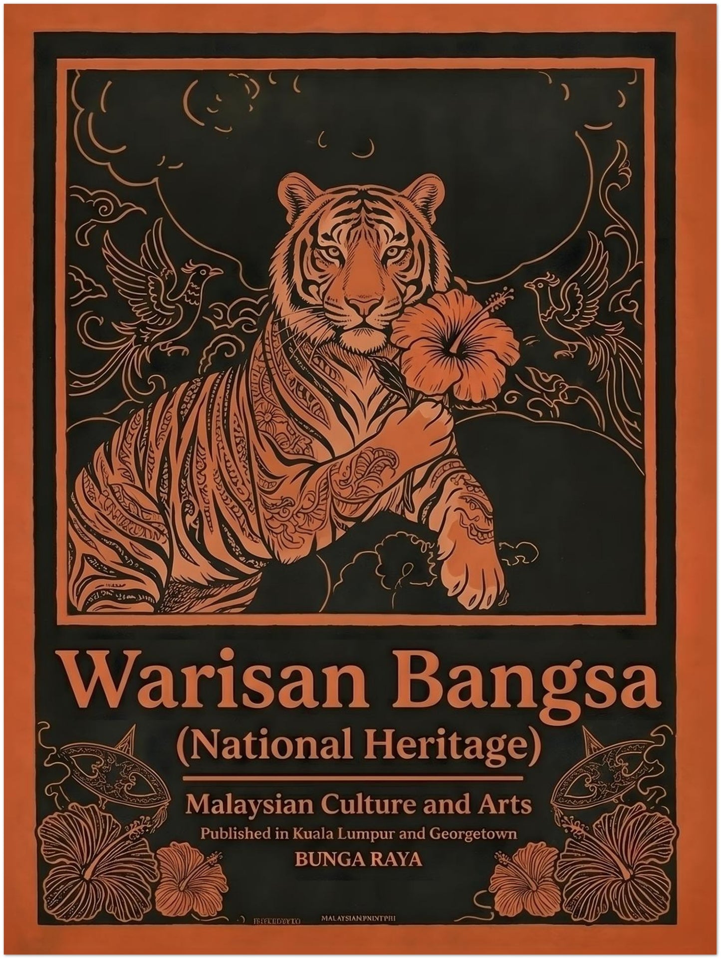 18x24 unframed Malaysia heritage poster Warisan Bangsa National Heritage showing a stylised tiger holding a hibiscus flower framed by birds and ornamental floral lines. The design uses strong orange illustration on a dark background in a vintage poster style. Malaysian culture wall art representing traditional decorative illustration and national identity.