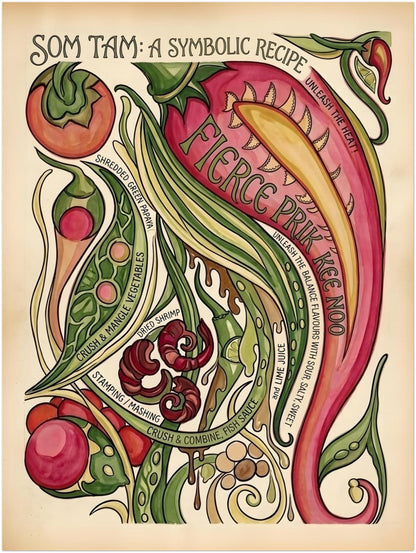 18x24 inch product preview of the unframed Som Tam Recipe Print with the artwork centred on a white background. The vertical design shows a bold illustrated Thai salad composition with a large red chilli, papaya strands, tomato, lime, dried shrimp and recipe words built into the shapes. This image is useful for showing the larger format of the print for Thai kitchen decor, food wall art and recipe-inspired interiors.