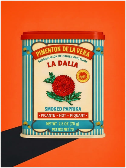 18x24 unframed Spanish Smoked Paprika Tin print shown in a clean front view on an orange background, highlighting the bold vintage packaging design. The red lid, cream label, blue striped frame, red flower and Spanish wording create a strong retro kitchen art feel. A useful image for large Spanish wall art, paprika tin print, Mediterranean food decor and statement pantry artwork keywords.