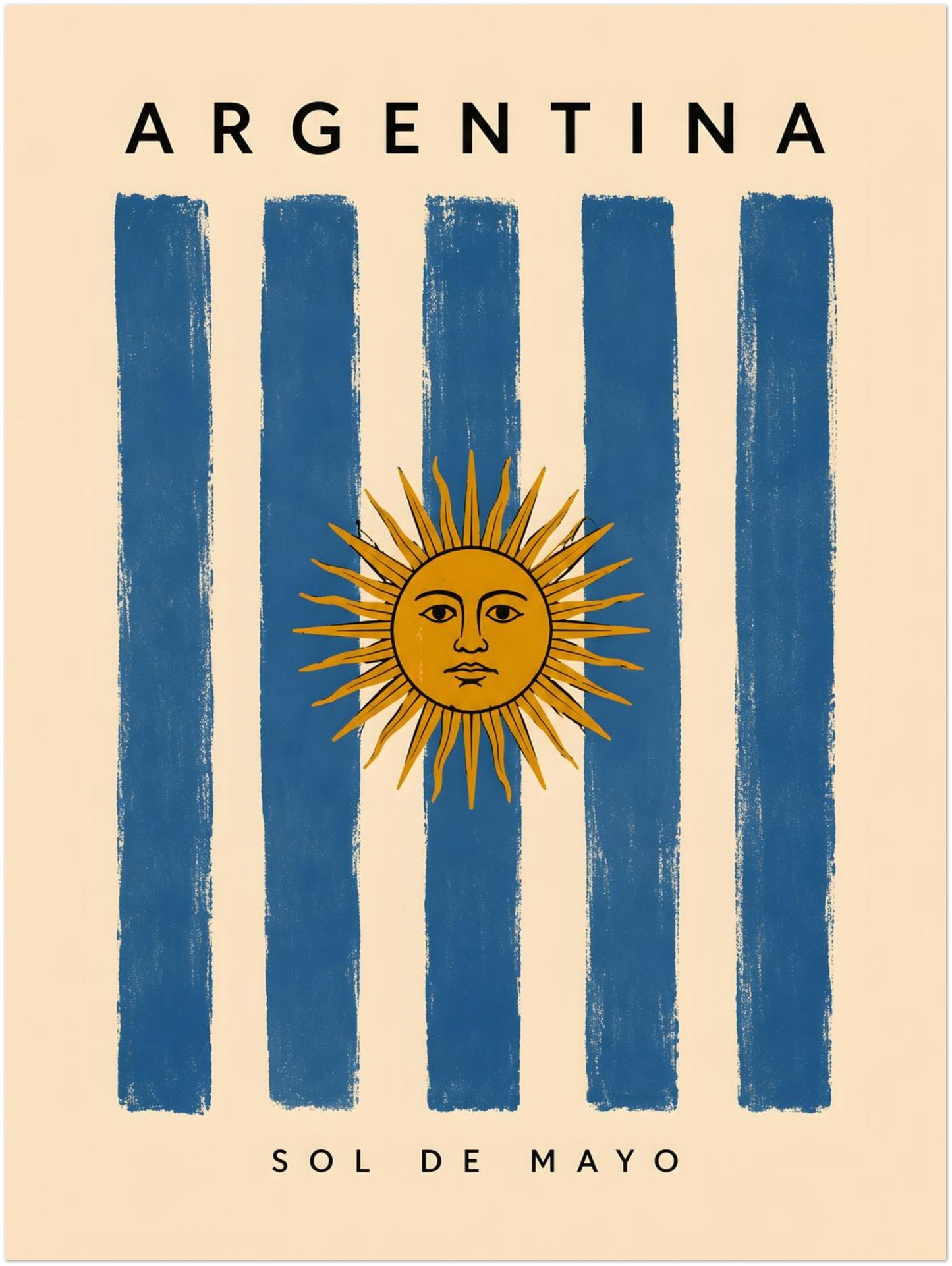 18 x 24 inch unframed Argentina art print featuring the golden Sun of May over tall blue and cream stripes inspired by the Argentine flag. Minimal Argentina lettering sits above the artwork and Sol de Mayo appears below. The warm neutral background and worn painted details give the poster a vintage Latin American travel style.