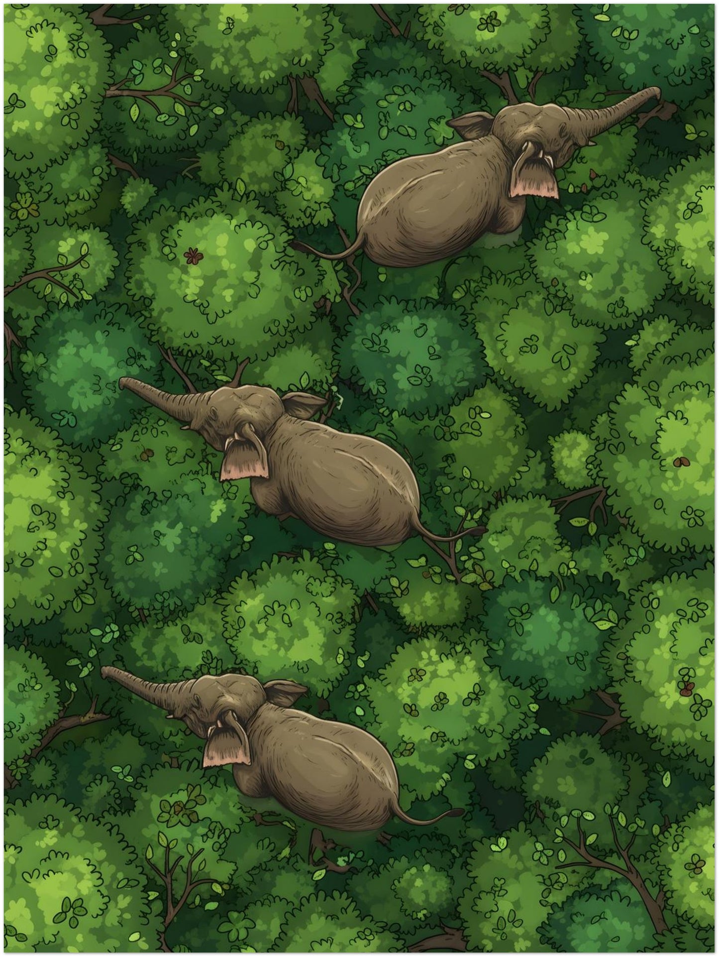 18x24 inch unframed jungle elephant wall decor print showing three elephants moving through a thick forest canopy. Viewed from above, the artwork captures rounded treetop forms, layered green tones and a steady line of movement through the jungle. Suitable for elephant poster, animal wall art, tropical forest print and travel-inspired interiors that use earthy colours and plants.