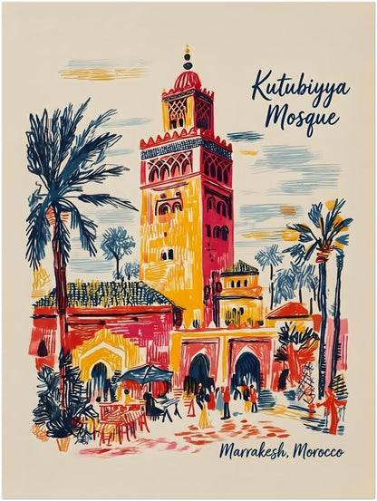 18x24 inch unframed Kutubiyya Mosque print presenting a bold vertical view of Marrakech, Morocco with the tall mosque tower, palm trees, archways and street life in loose sketch-style lines. The red, yellow, blue and cream palette gives the artwork a clear travel poster feel. A statement Morocco wall art size for anyone wanting Marrakech wall decor with strong colour and recognisable architecture.