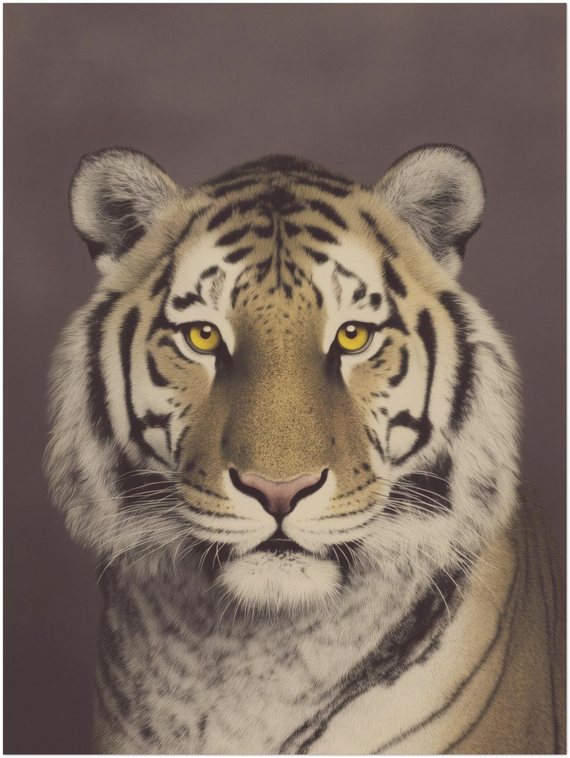 18x24 inch unframed Malayan tiger animal art print showing a detailed close-up wildlife portrait with muted tones and strong stripe contrast. Vintage photography style and centred layout create a balanced wall art piece for home offices, hallways or living room gallery walls.
