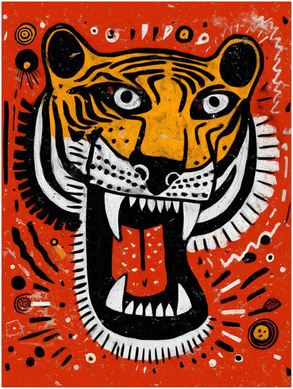 18x24 inch unframed Malayan Tiger poster with bold orange background and stylised tiger face. The open jaws reveal sharp white teeth and red tongue, framed by high contrast black and white stripes and circular tribal details. A modern wildlife art print inspired by Southeast Asian culture.