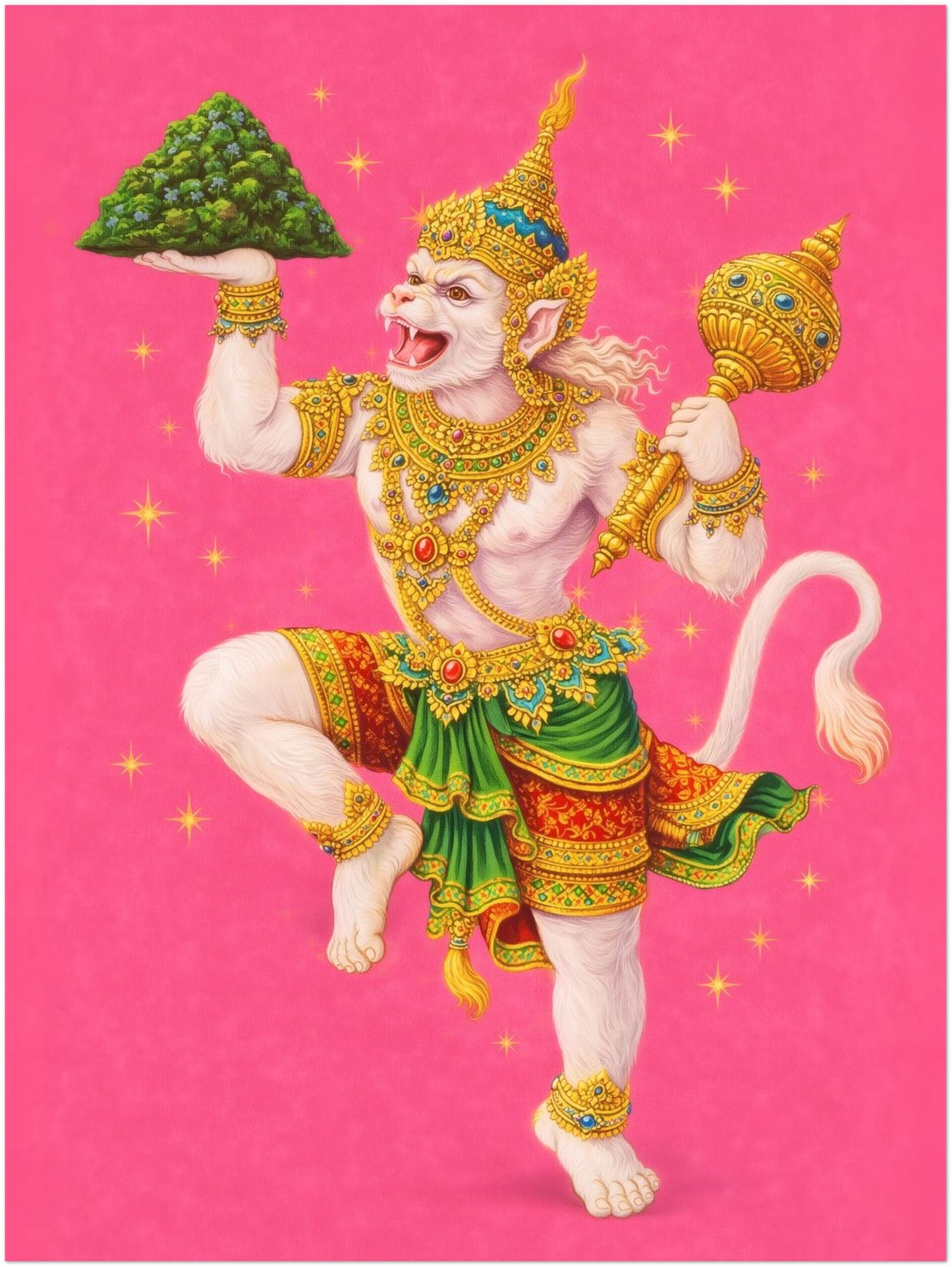 18x24 inch unframed Thai Hanuman Ramakien art print portraying the Hindu monkey god in traditional Thai attire with ornate gold decoration. The bold pink background adds striking contrast and modern edge. A versatile spiritual mythology poster inspired by Southeast Asian folklore and Ramakien epic art traditions.