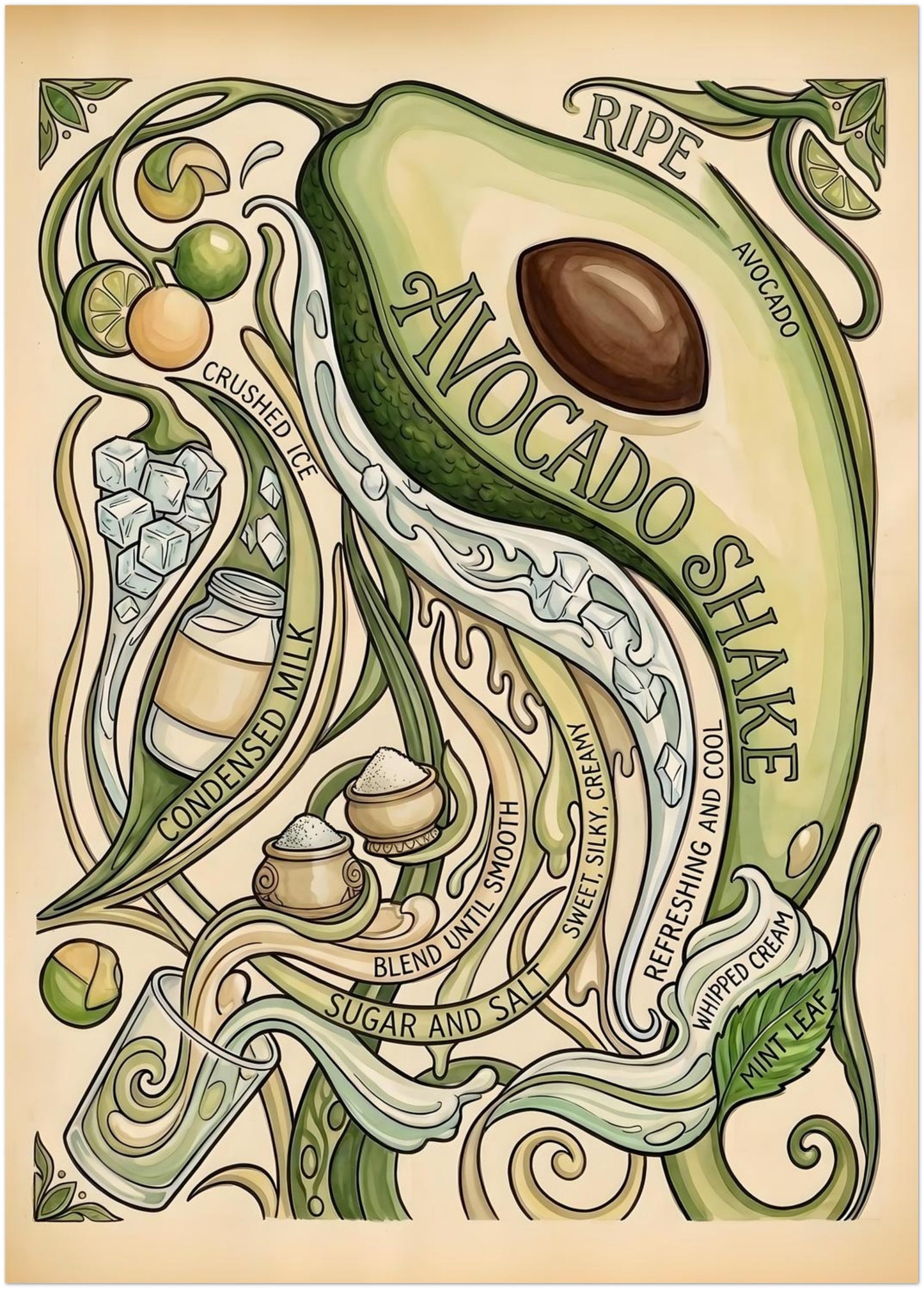 20x28 inch unframed avocado shake recipe poster in a vintage botanical style, centred on a large avocado half with seed and surrounded by flowing stems, small fruit and curved lettering. The soft green and cream palette keeps the print light and balanced, making it suitable for kitchen poster walls, avocado decor, food illustration displays and fresh gallery wall styling.