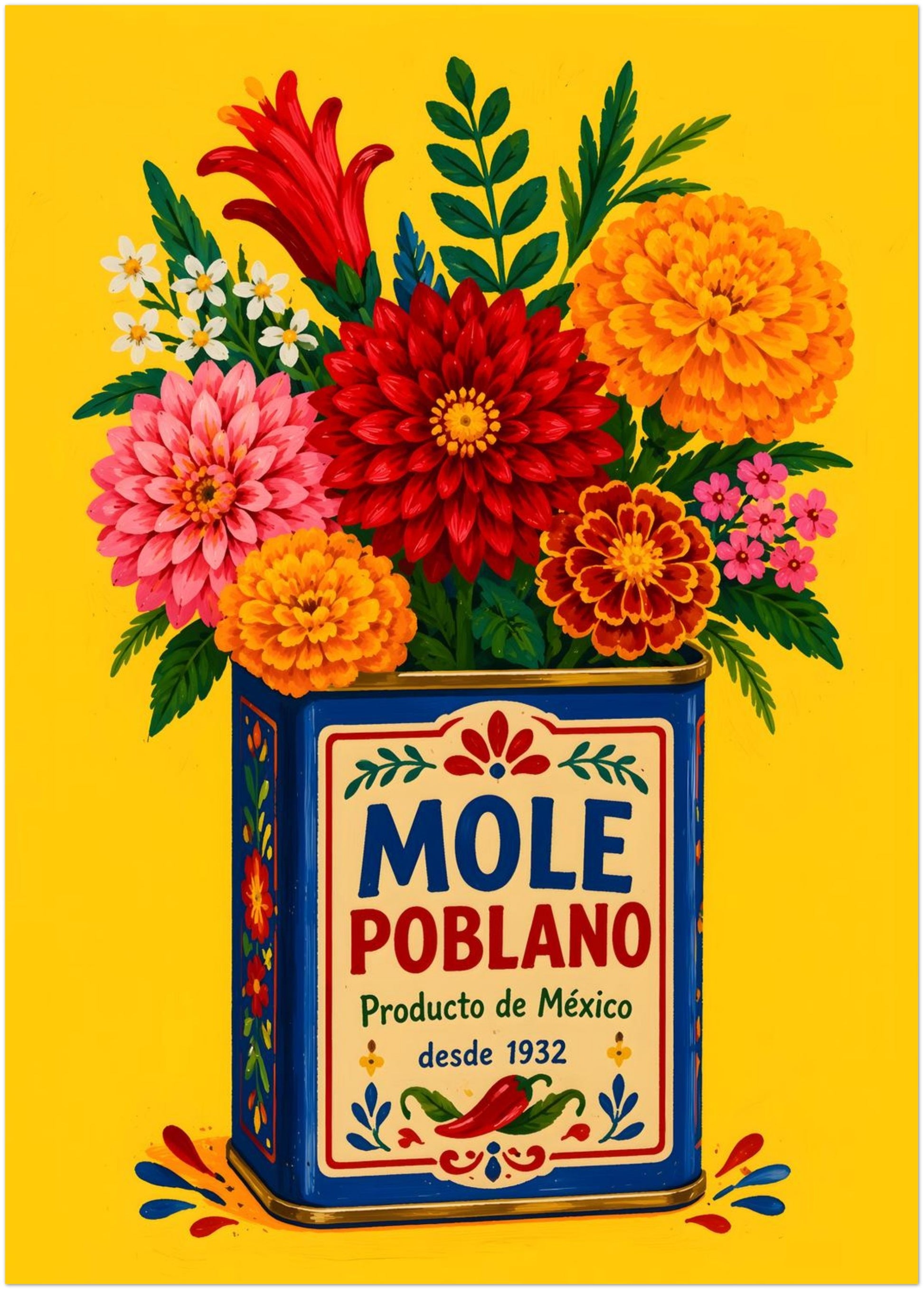 Unframed 20 x 28 inch Mexican food packaging poster with a decorative blue mole poblano tin, painted chilli peppers and a full bouquet of colourful flowers. The bright yellow background and strong red, orange, pink and green details make this bold kitchen wall art ideal for dining rooms, food spaces and Mexico-inspired interiors.