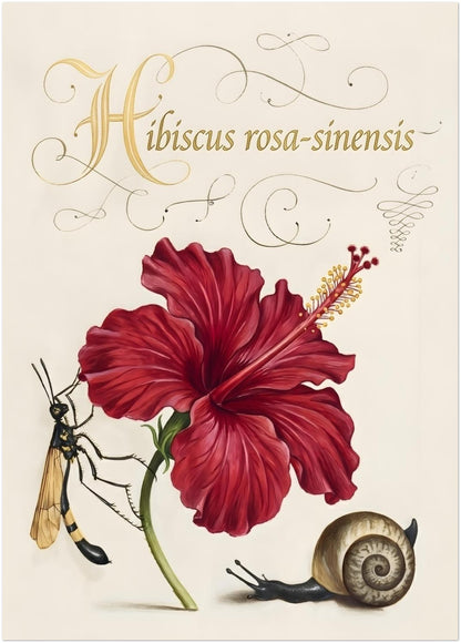 20x28 inch unframed hibiscus botanical illustration showing a red hibiscus flower with detailed structure and soft shading. The artwork includes decorative script text Hibiscus rosa-sinensis, along with a wasp and snail. Botanical flower print in a vintage scientific illustration style with a clean cream background and balanced composition.