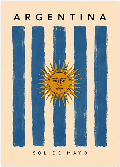 20 x 28 inch unframed Argentina flag poster with alternating blue and cream vertical brush-painted stripes. A detailed golden Sun of May is placed centrally, framed by Argentina lettering at the top and Sol de Mayo text near the base. The tall format and weathered print effect create striking Argentine travel and cultural wall décor.